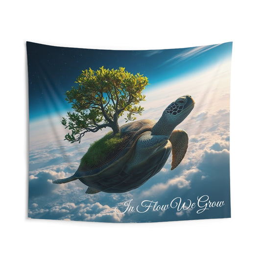 Front view of In Flow We Grow Turtle Wall Tapestry — 104"x88" zen-inspired home decor by The Inner Horizon Collective