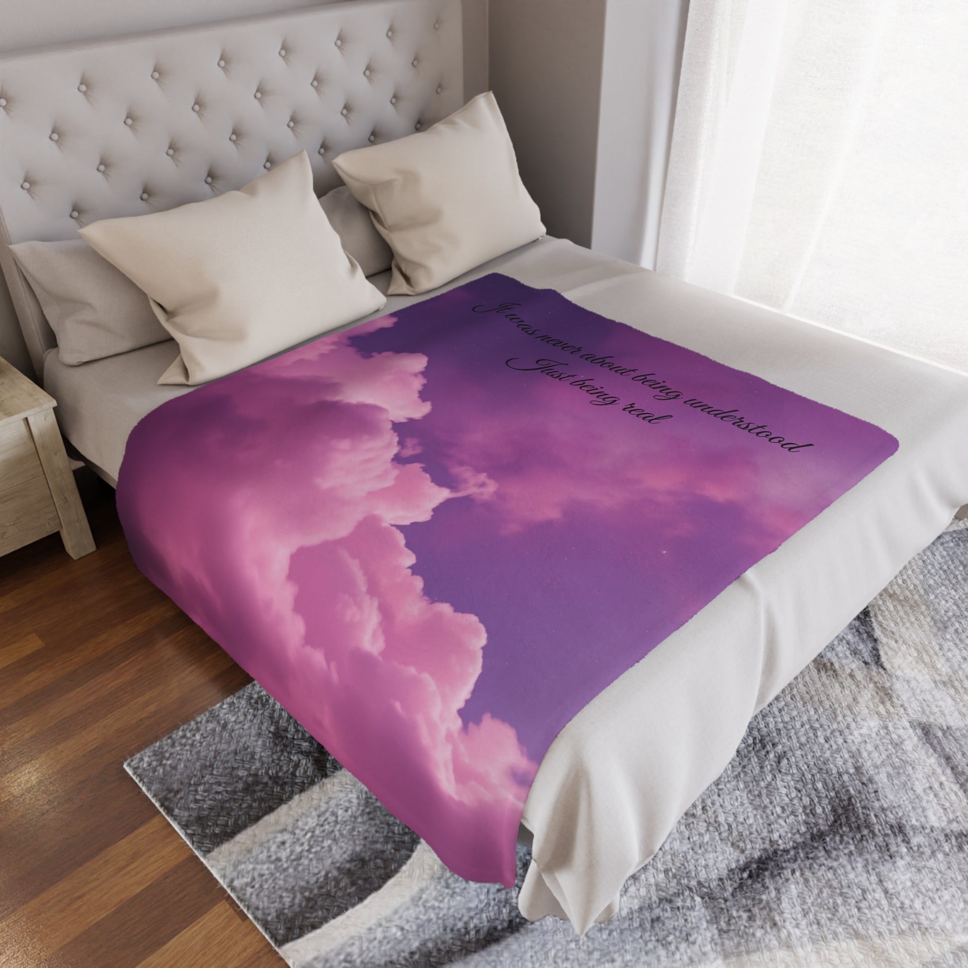 "It Was Never About Being Understood, Just Being Real" Minky Blanket, 50x60 inches laid on bed — soft plush inspirational décor by The Inner Horizon Collective