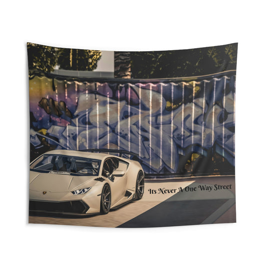 Front view of "It's Never a One Way Street" Car Wall Tapestry — 104"x88" modern automotive decorative decor by The Inner Horizon Collective