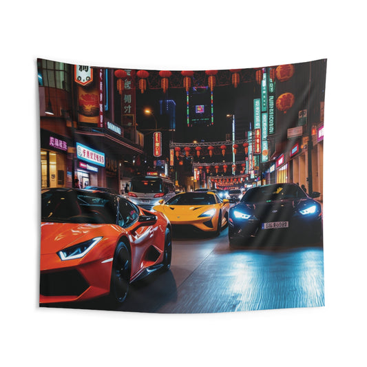 Front view of Lamborghini Tapestry — 104"x88" car and automotive wall art by The Inner Horizon Collective
