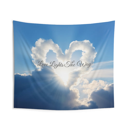 Front view of Love Lights The Way Cloud Heart Wall Tapestry — 104"x88" cozy romantic home decor by The Inner Horizon Collective