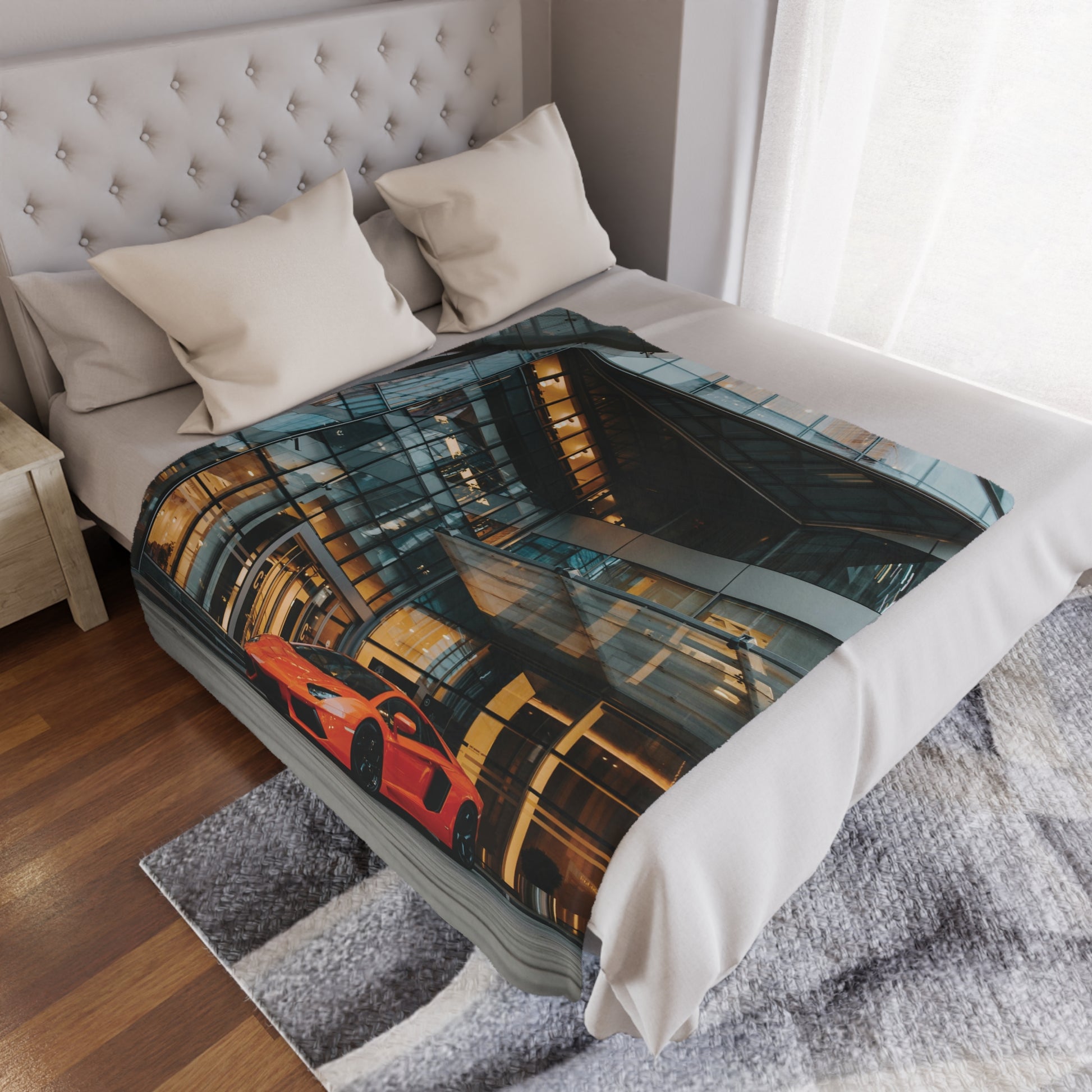 Luxury Sports Car Minky Blanket, 50x60 inches laid on bed — soft plush automotive décor by The Inner Horizon Collective