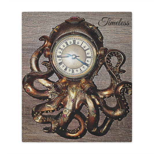 Front view of Octopus Clock Minky Blanket, 50x60 inches — soft plush nautical blanket, cozy ocean décor, throw by The Inner Horizon Collective