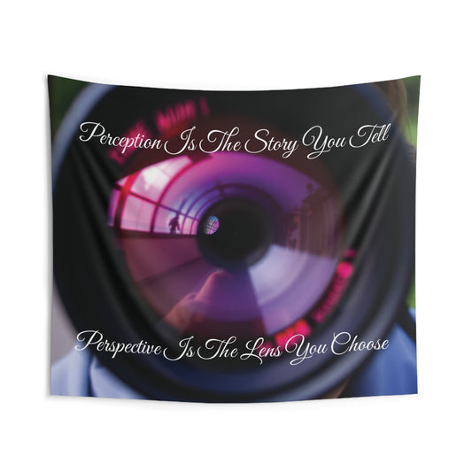 Front view of Perception Perspective Camera Lens Wall Tapestry — 104"x88" artistic home decor by The Inner Horizon Collective