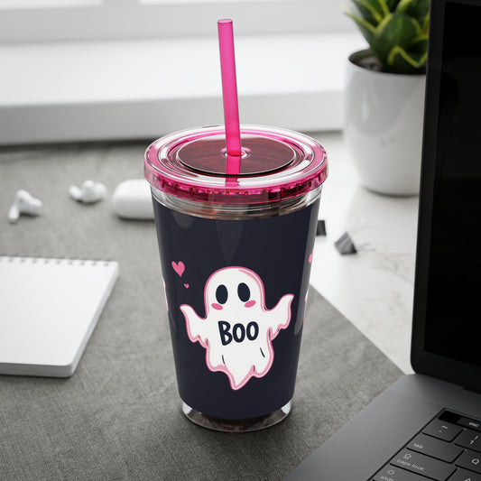 Pink Ghost “Boo” tumbler on desk — cute Halloween travel cup, spooky drinkware with straw by The Inner Horizon Collective