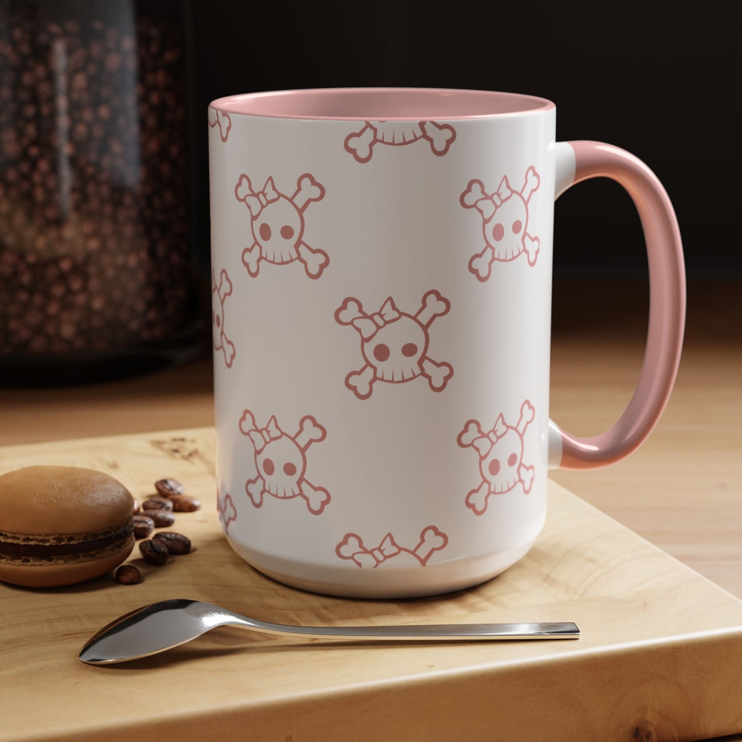 Front view of Pink Skull coffee mug — trendy gothic 15 oz drinkware, punk skull design, pink accent cup by The Inner Horizon Collective