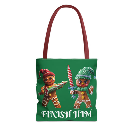 Front view of Playful Gingerbread Tote Bag — holiday shopping canvas bag with festive Christmas design by The Inner Horizon Collective