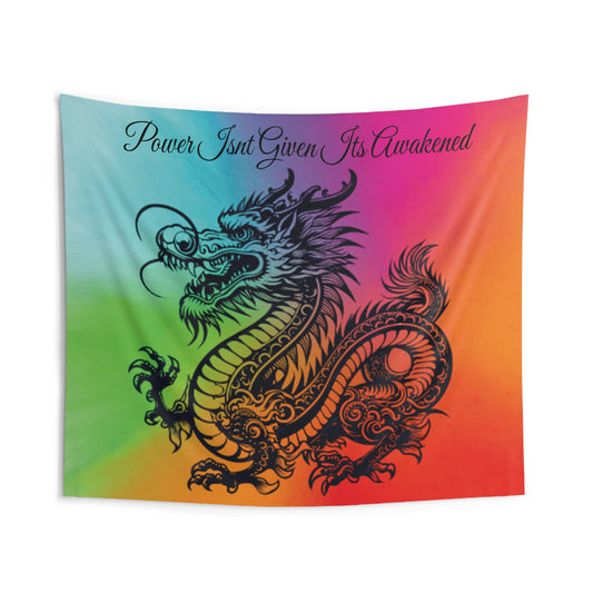 Front view of Power Isn’t Given, It’s Awakened Vibrant Dragon Wall Tapestry — 104"x88" fantasy and mystical home decor by The Inner Horizon Collective