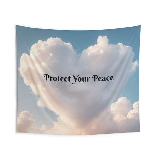 Front view of Protect Your Peace Wall Tapestry — 104"x88" mindfulness boho home decor by The Inner Horizon Collective