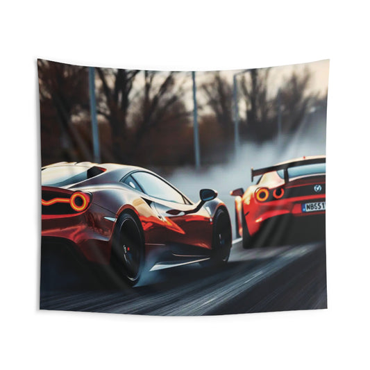 Front view of Racing Cars Tapestry — 104"x88" large wall hanging for car enthusiasts by The Inner Horizon Collective