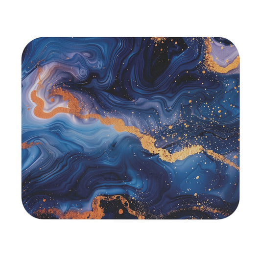 Front view of Rectangle Mouse Pad with Blue and Gold Paint Swirl Design — artistic desk accessory and home office decor by The Inner Horizon Collective