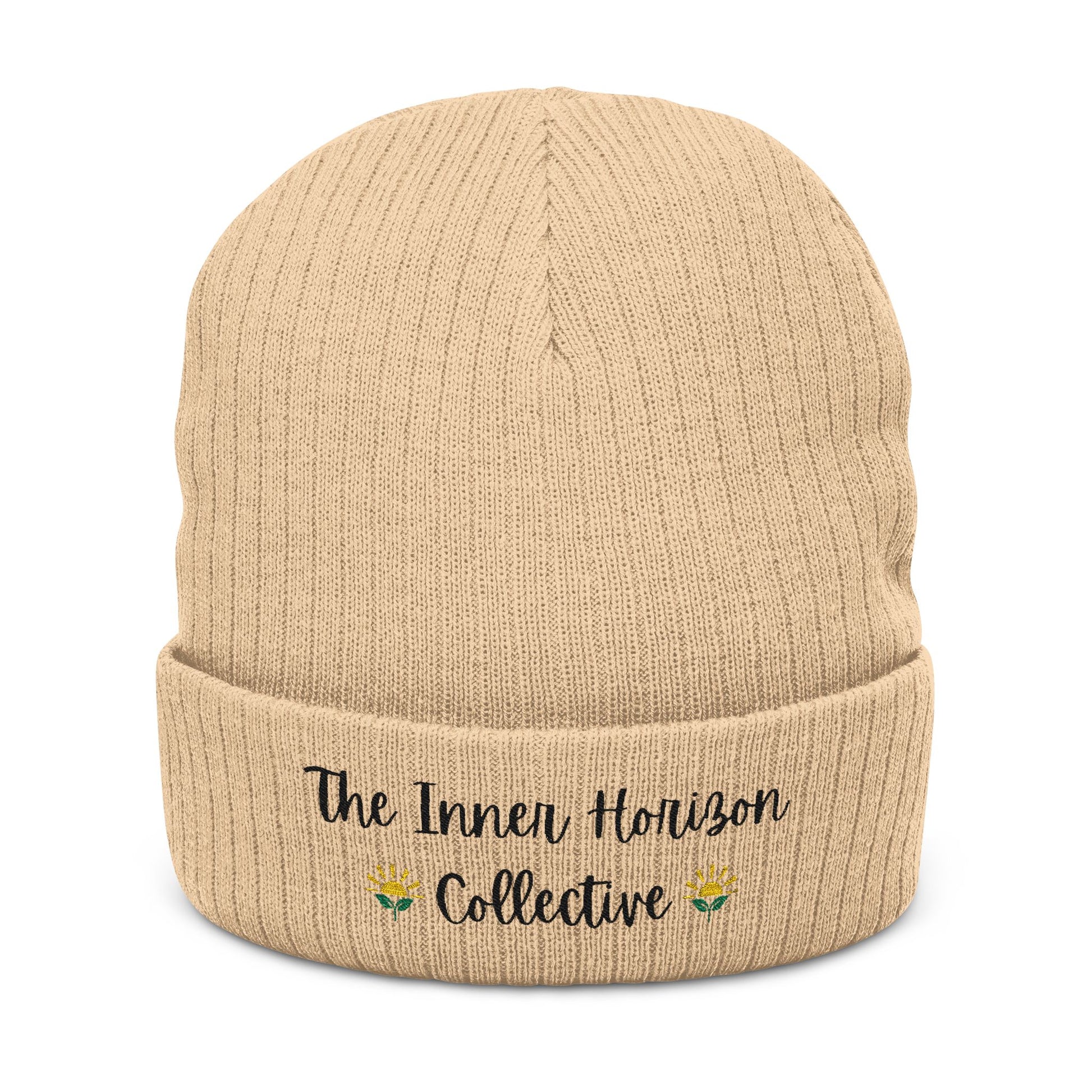 Front view of Ribbed Knit Beanie in beige — winter hat with black embroidered logo, ribbed texture by The Inner Horizon Collective