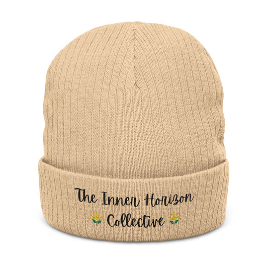 Front view of Ribbed Knit Beanie in beige — winter hat with black embroidered logo, ribbed texture by The Inner Horizon Collective