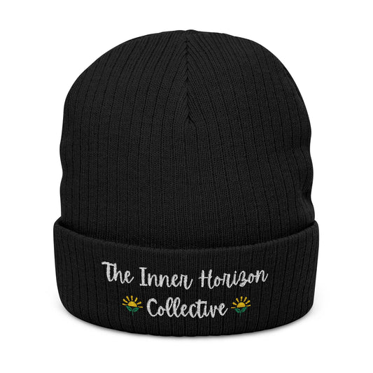 Front view of Ribbed Knit Beanie in black — embroidered winter hat with white logo, cozy knit texture by The Inner Horizon Collective