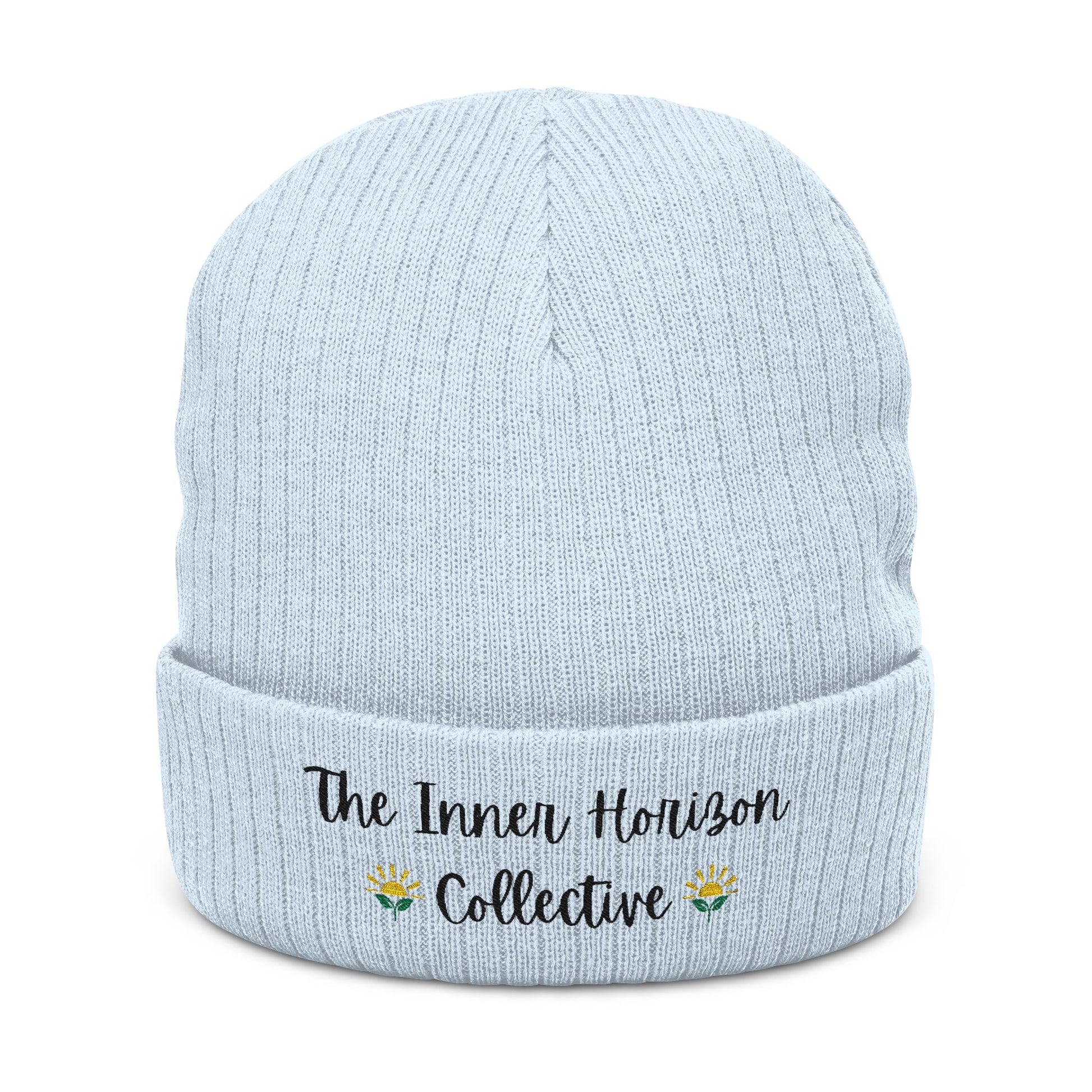 Front view of Ribbed Knit Beanie in light blue — embroidered black logo on soft ribbed winter beanie