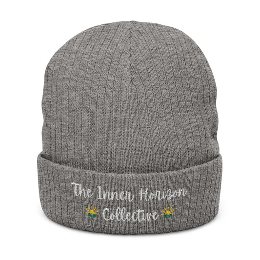 Front view of Ribbed Knit Beanie in light grey melange — winter beanie with white embroidered logo, soft ribbed knit