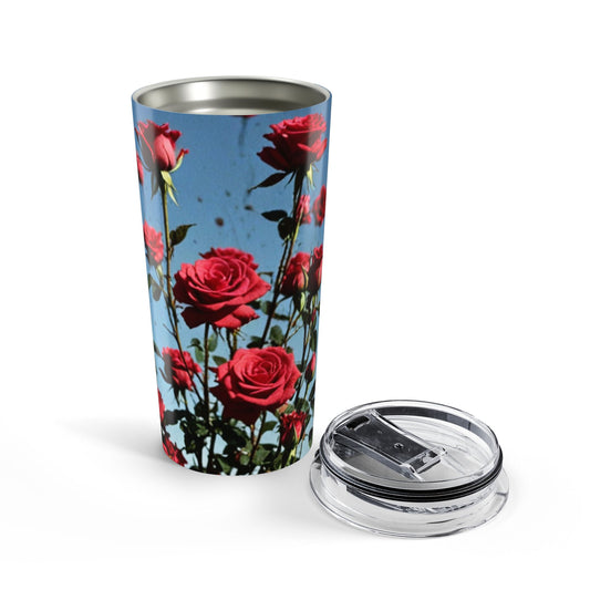 Front view of Rose 20oz tumbler — pink floral stainless steel travel cup by The Inner Horizon Collective