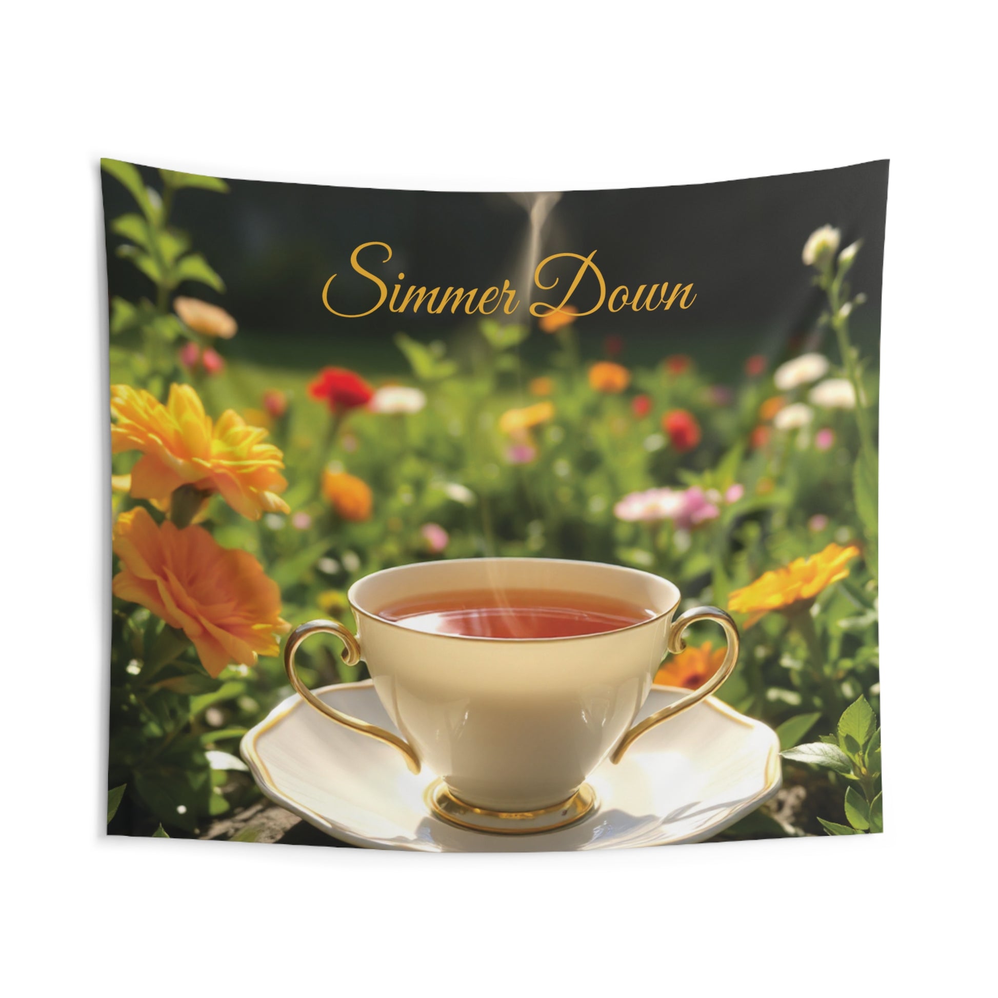 Front view of Simmer Down Tea Cup Wall Tapestry — 104"x88" cozy home decor by The Inner Horizon Collective