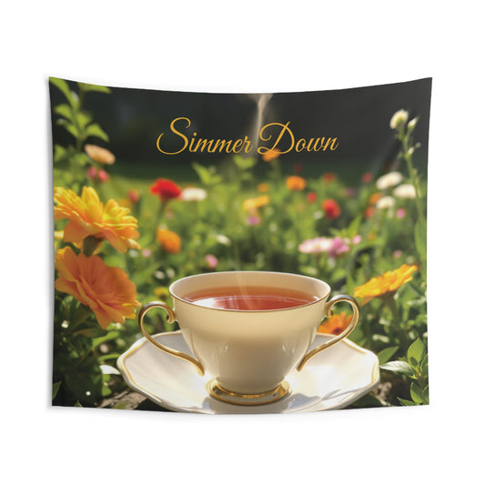 Front view of Simmer Down Tea Cup Wall Tapestry — 104"x88" cozy home decor by The Inner Horizon Collective