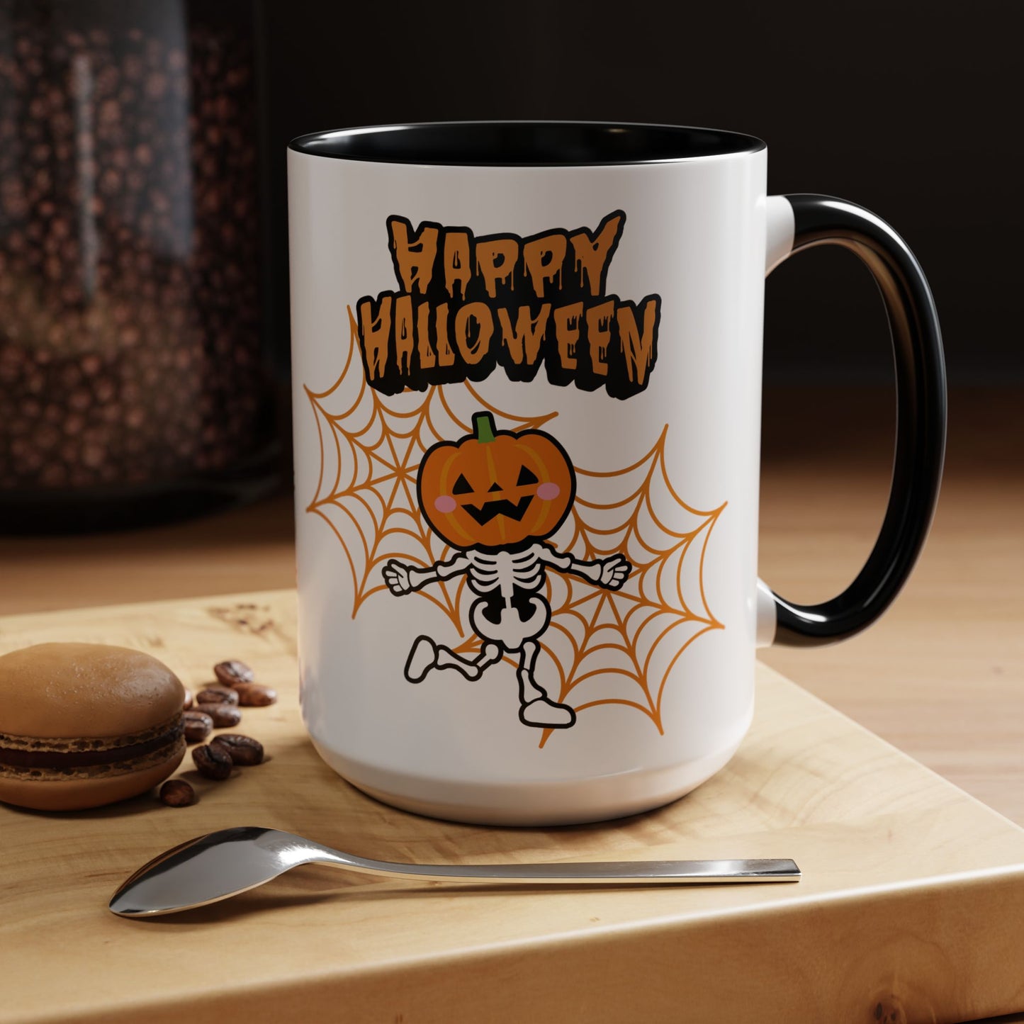 Front view of spooky fall Skeleton Halloween 15 oz coffee mug —trick-or-treat gift, autumn coffee cup by The Inner Horizon Collective