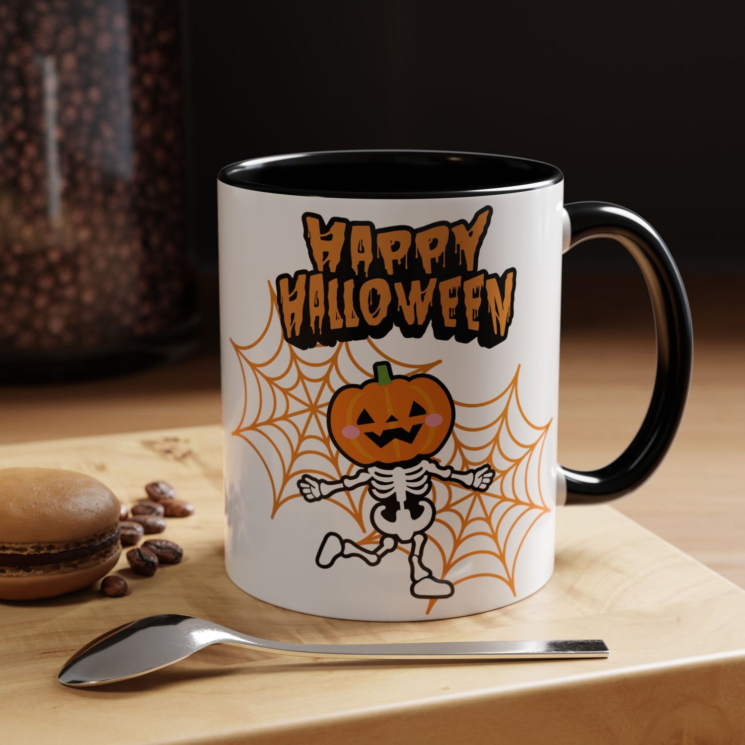 Front view of Skeleton Halloween coffee mug — spooky fall drinkware, trick-or-treat gift, autumn coffee cup by The Inner Horizon Collective