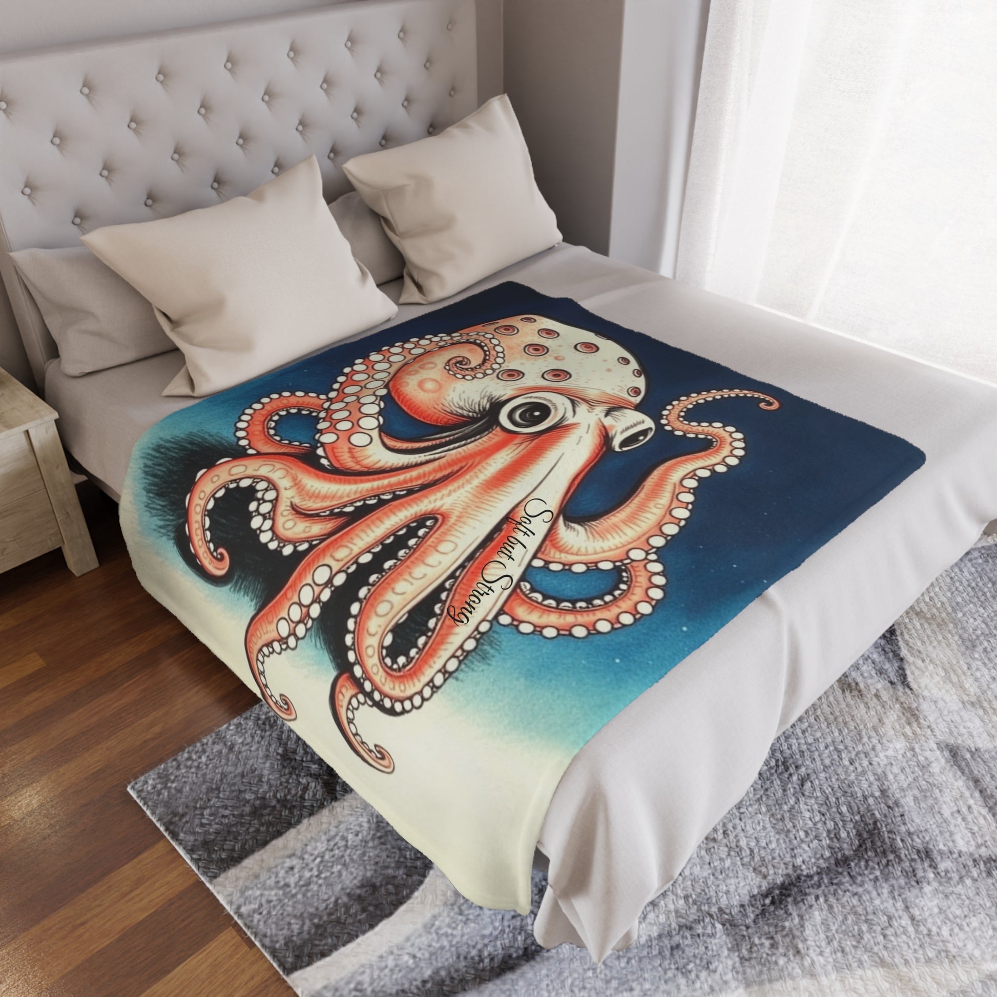 Soft But Strong Octopus Minky Blanket, 50x60 inches laid on bed — soft plush ocean décor by The Inner Horizon Collective