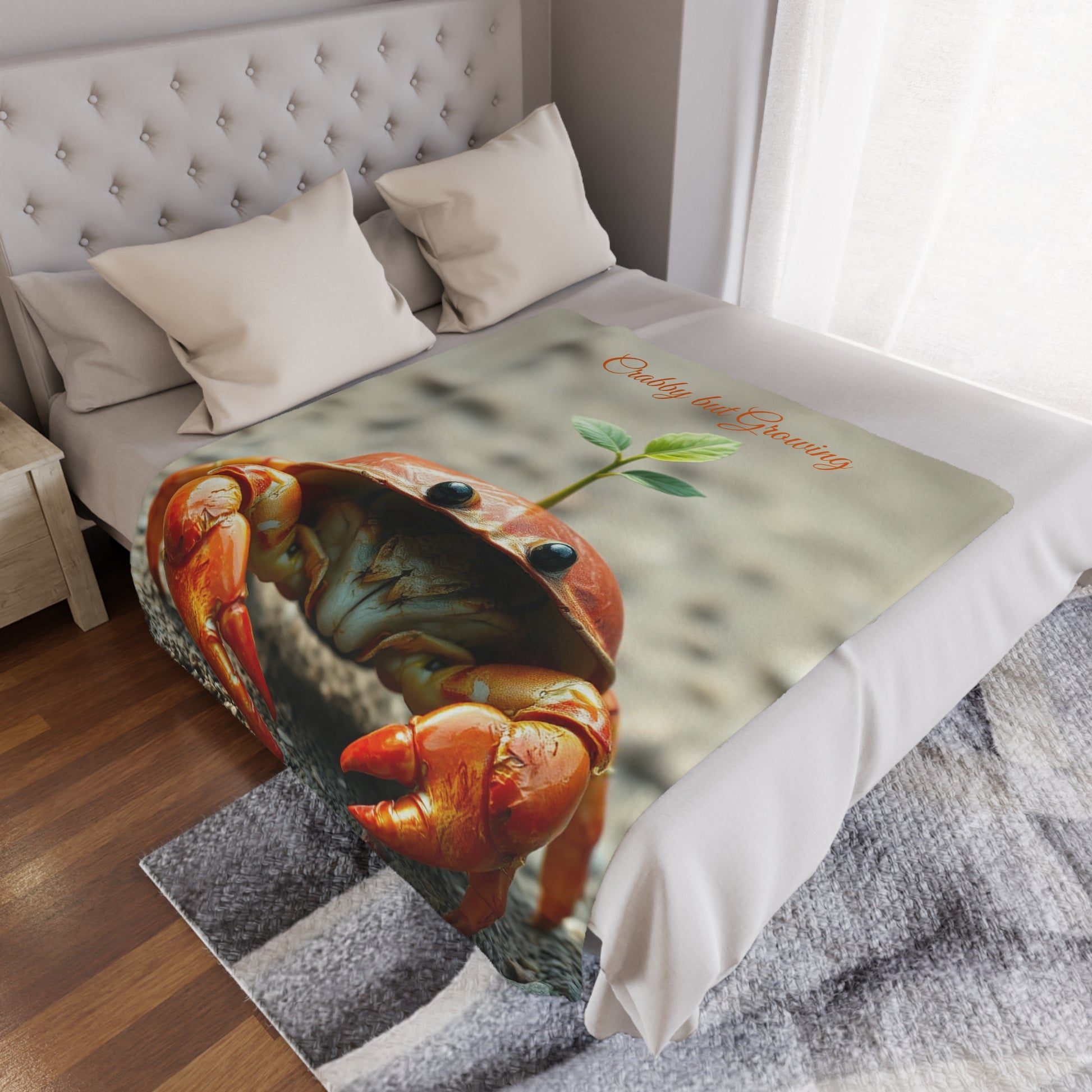 Soft Minky Blanket – Crab Design, 50x60 inches laid on bed — soft plush ocean décor by The Inner Horizon Collective