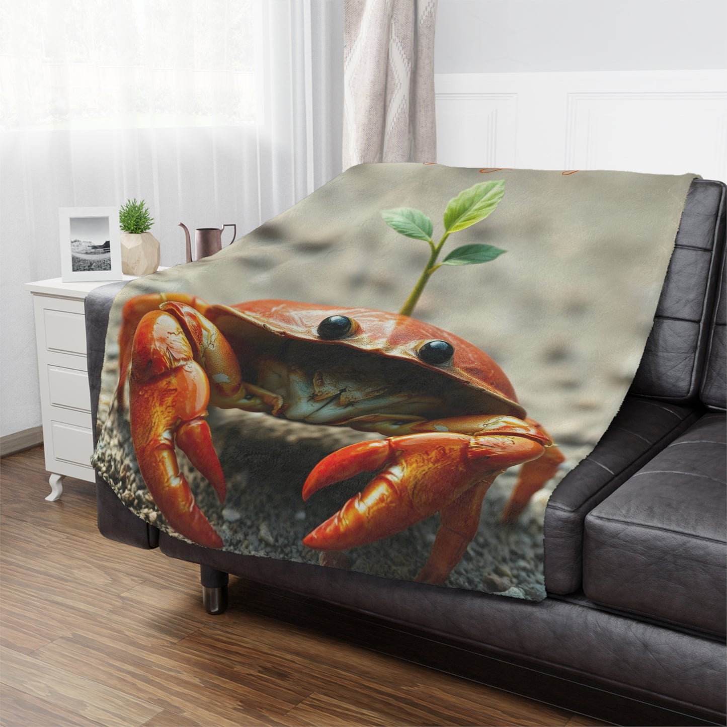Soft Minky Blanket – Crab Design, 50x60 inches on couch — soft plush throw for living room décor by The Inner Horizon Collective