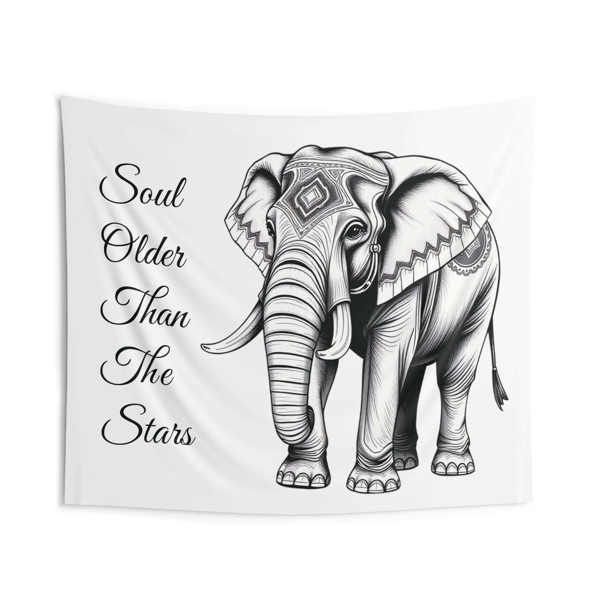 Front view of Soul Older Than The Stars Elephant Wall Tapestry — 104"x88" serene boho home decor by The Inner Horizon Collective