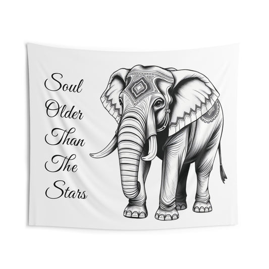 Front view of Soul Older Than The Stars Elephant Wall Tapestry — 104"x88" serene boho home decor by The Inner Horizon Collective