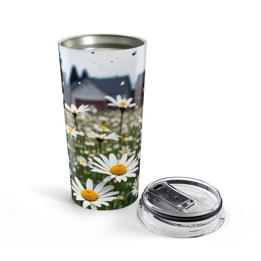Front view of Sunflower 20oz tumbler — stainless steel insulated travel mug with bright floral design by The Inner Horizon Collective