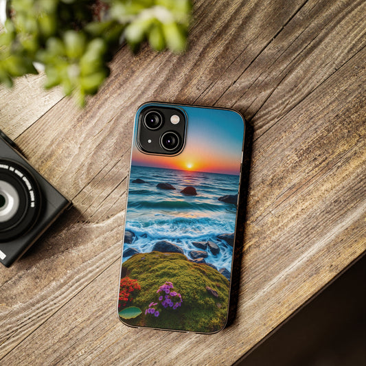 Front view of Sunset Clear Silicone Phone Case — slim scenic protective cover for iPhone and Samsung by The Inner Horizon Collective
