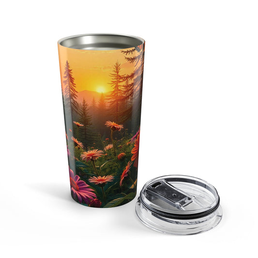 Front view of Sunset Flower 20oz tumbler — floral stainless steel insulated travel mug by The Inner Horizon Collective