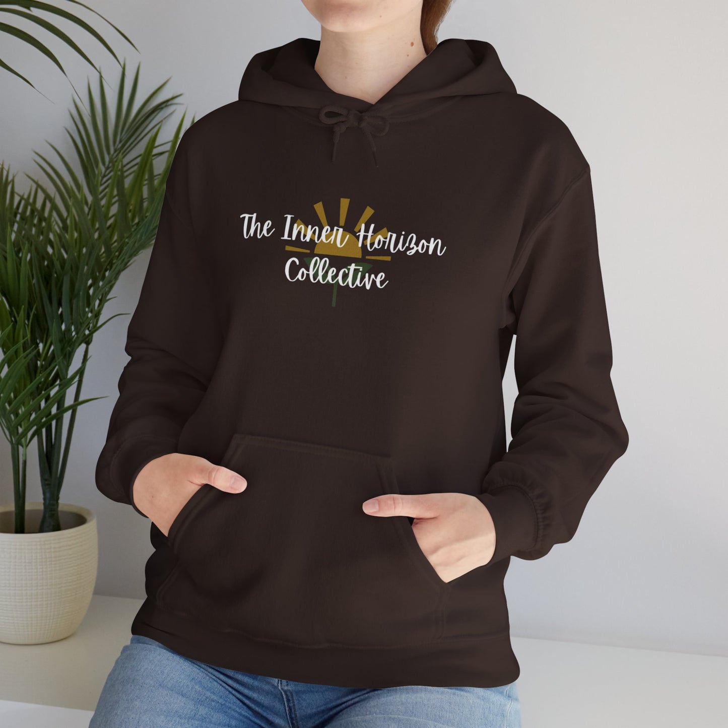 Front view of The Inner Horizon Collective hoodie in chocolate— unisex hooded sweatshirt with white logo.
