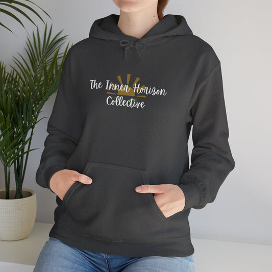 Front view of The Inner Horizon Collective hoodie in dark heather— unisex hooded sweatshirt with white logo.