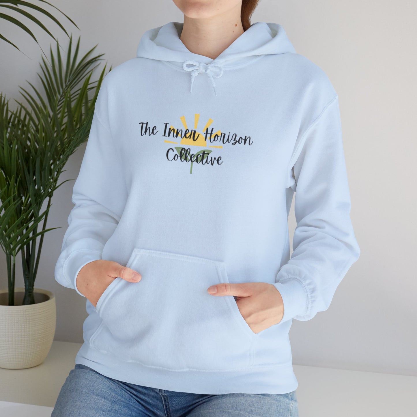 Front view of The Inner Horizon Collective hoodie in Light Blue with black logo — relaxed fit streetwear pullover.