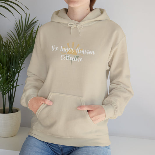 Front view of hoodie with The Inner Horizon Collective in sand— unisex hooded sweatshirt with white logo.
