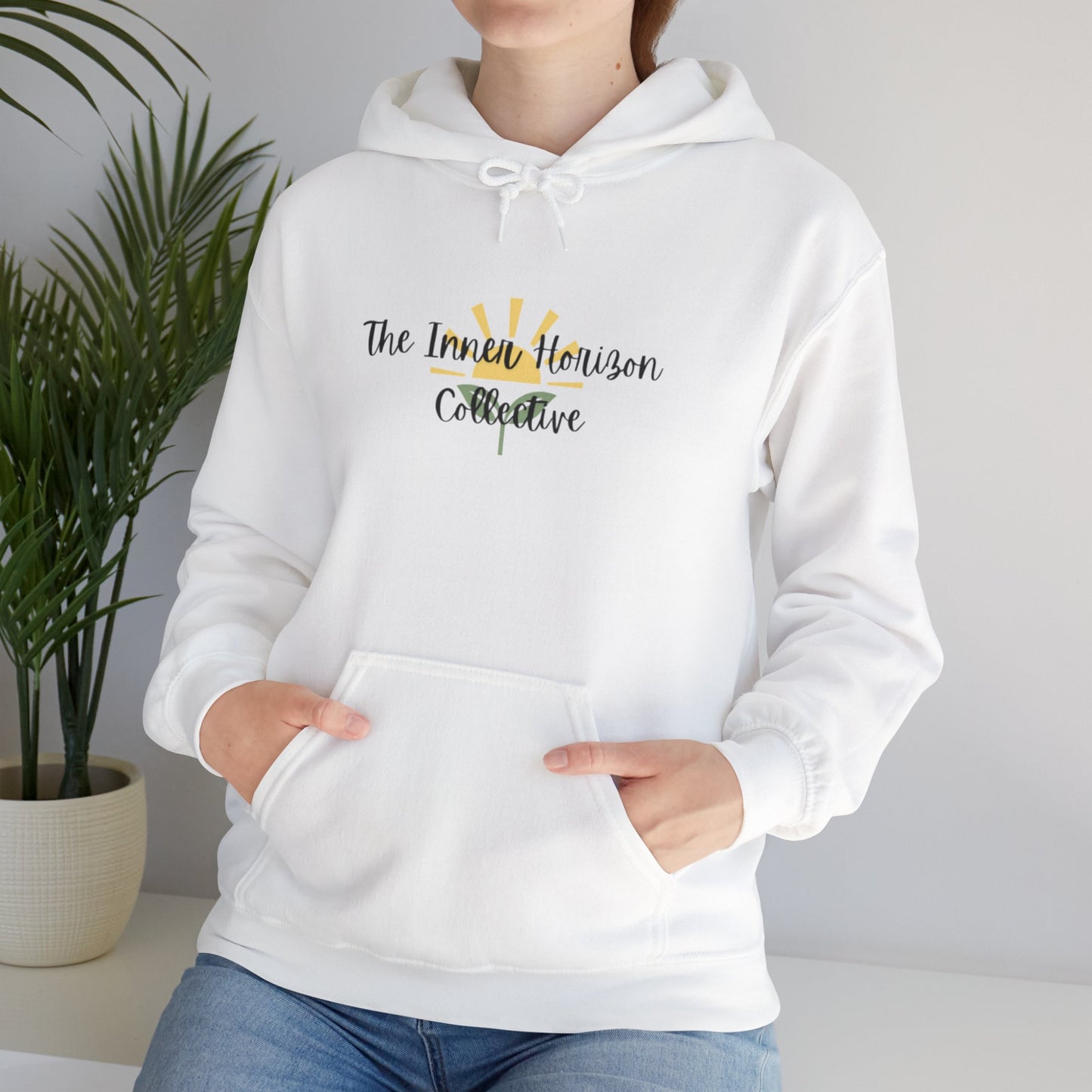 Front view of The Inner Horizon Collective hoodie in White with black logo — clean and minimalist pullover.