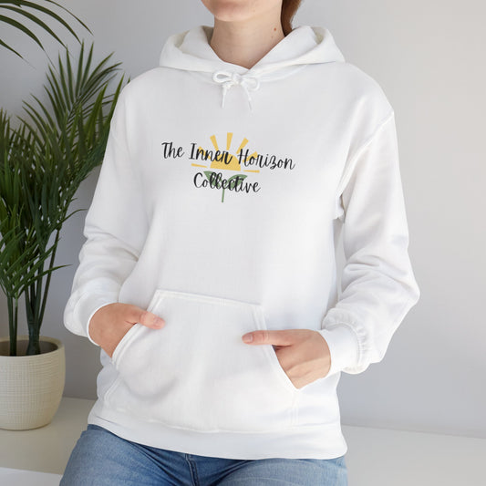 Front view of The Inner Horizon Collective hoodie in White with black logo — clean and minimalist pullover.