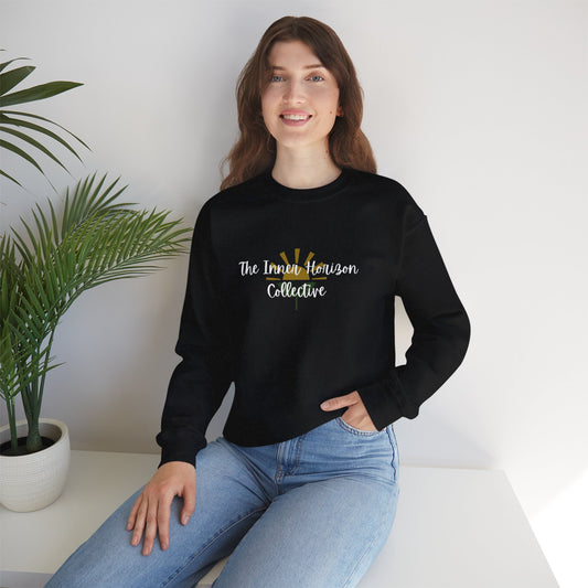 Front view of The Inner Horizon Collective unisex sweatshirt in Black with white logo — minimalist cozy pullover.