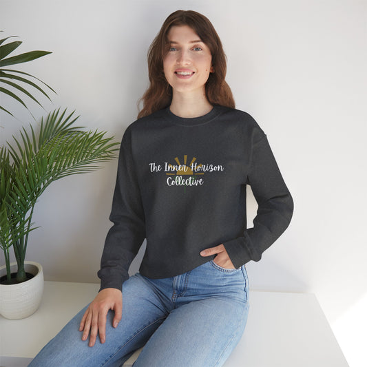 Front view of The Inner Horizon Collective unisex sweatshirt in Dark Heather with white logo — relaxed fit streetwear pullover.