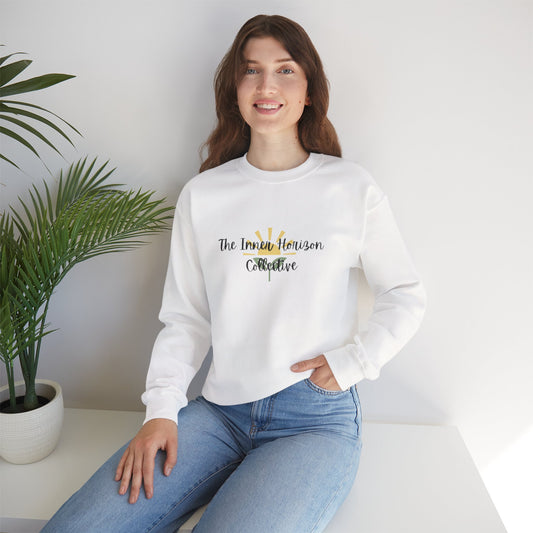 Front view of The Inner Horizon Collective unisex sweatshirt in White with black logo — clean and minimalist pullover.