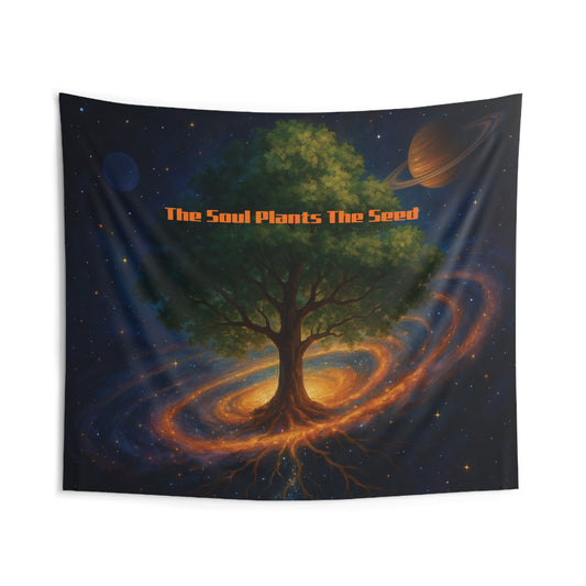 Front view of The Soul Plants The Seed Cosmic Tree Wall Tapestry — 104"x88" inspirational home decor by The Inner Horizon Collective