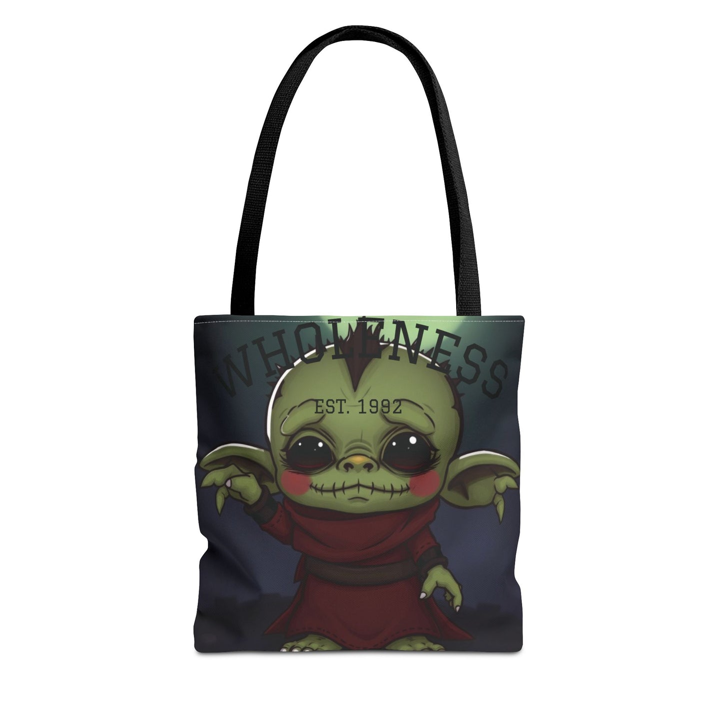Front view of Zen Frankenstein Baby Wholeness Est 1992 tote bag — canvas shopping bag with unique graphic design by The Inner Horizon Collective