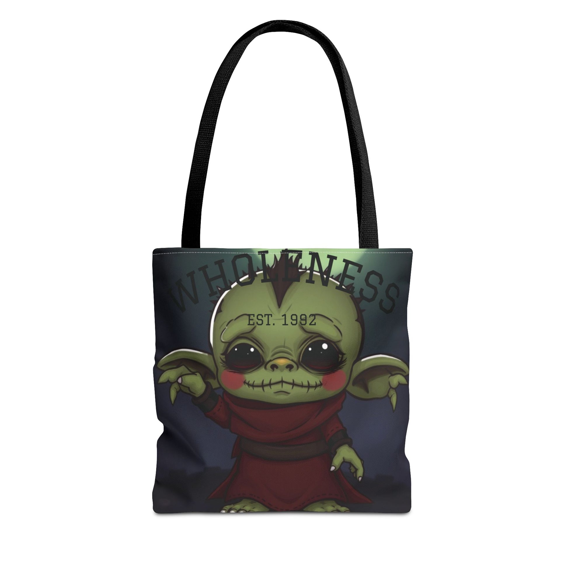 Front view of Zen Frankenstein Baby Wholeness Est 1992 tote bag — canvas shopping bag with unique graphic design by The Inner Horizon Collective
