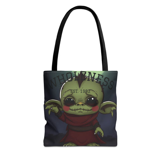 Front view of Zen Frankenstein Baby Wholeness Est 1992 tote bag — canvas shopping bag with unique graphic design by The Inner Horizon Collective