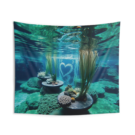 Front view of Underwater Love Heart Tapestry — 104"x88" ocean and coastal wall art by The Inner Horizon Collective