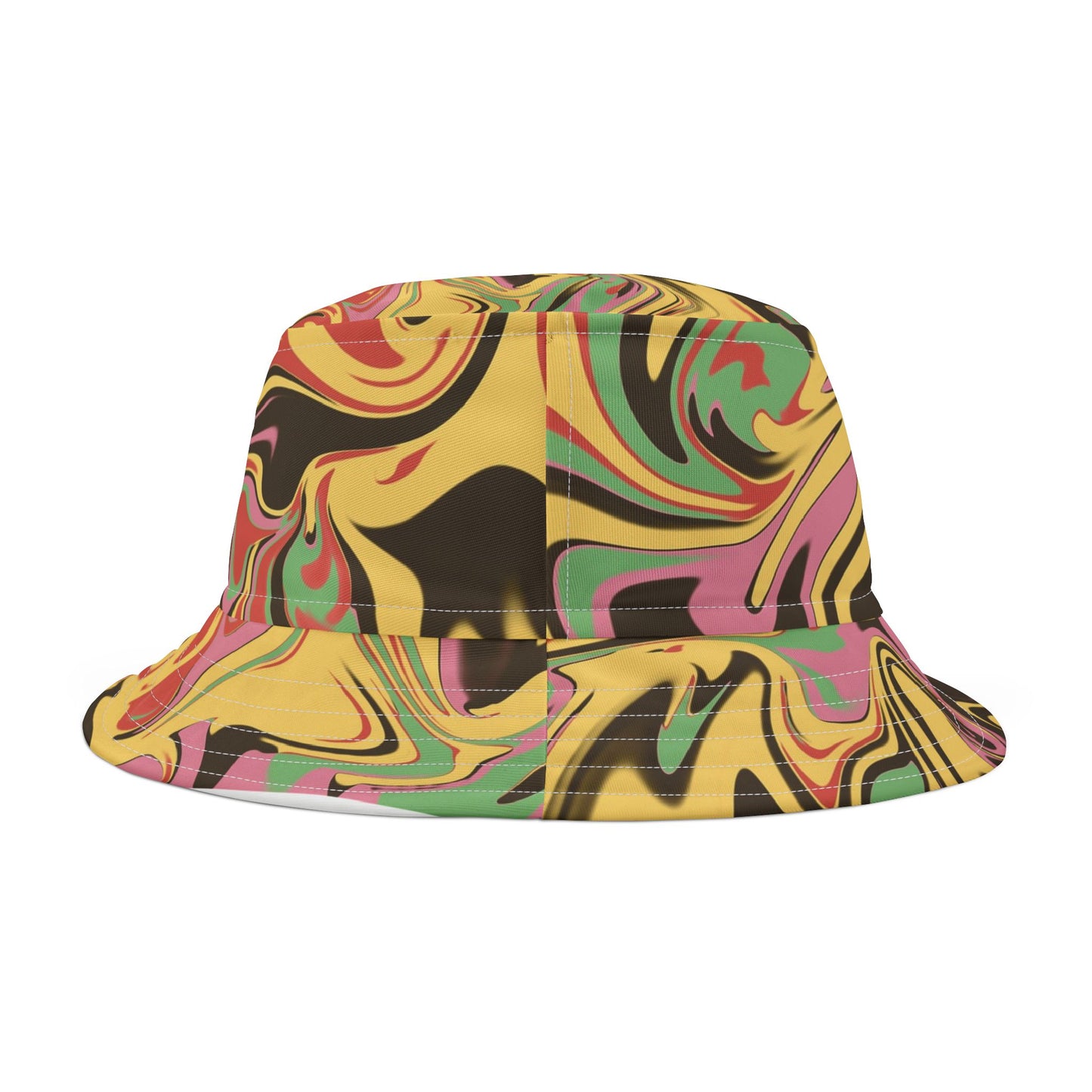 Back of Vibrant Abstract Bucket Hat — shows abstract pattern across full brim and rear strap