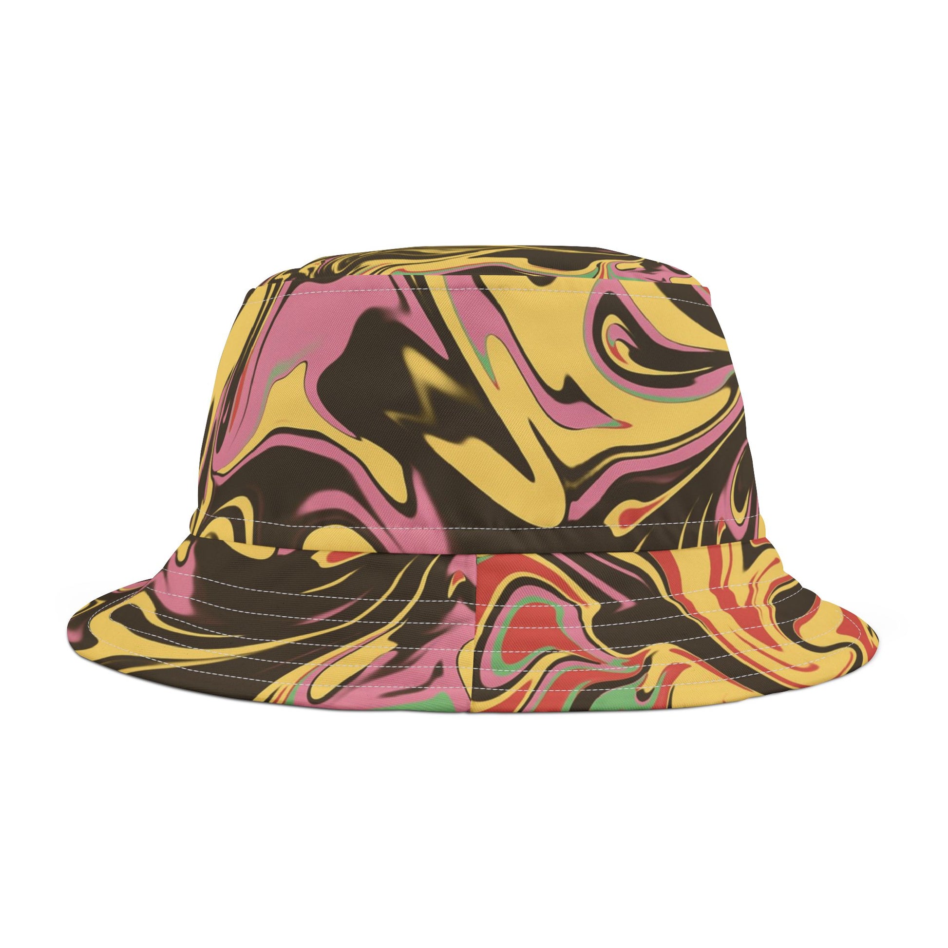 Front of Vibrant Abstract Bucket Hat — multicolor festival bucket hat for summer and beachwear