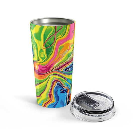 Front view of Vibrant Swirl 20oz tumbler — colorful stainless steel insulated travel cup by The Inner Horizon Collective